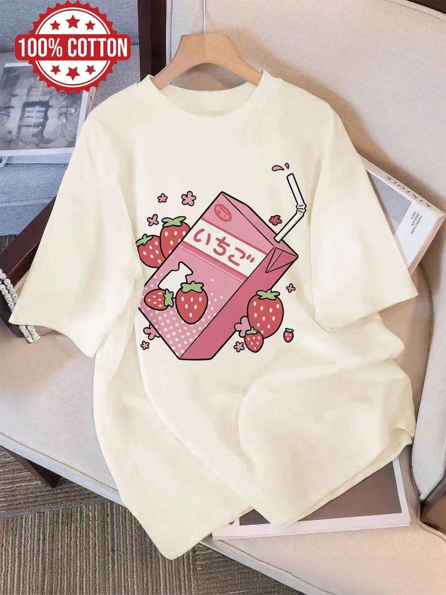 Women's Summer Clothes, Casual Blouses For Women, Cute Style, Strawberry Milk Carton Print, Short Sleeve, Round Neck, Pure Cotton T-Shirt[LangK]Women's Blouses - 杏色 - 查看 1
