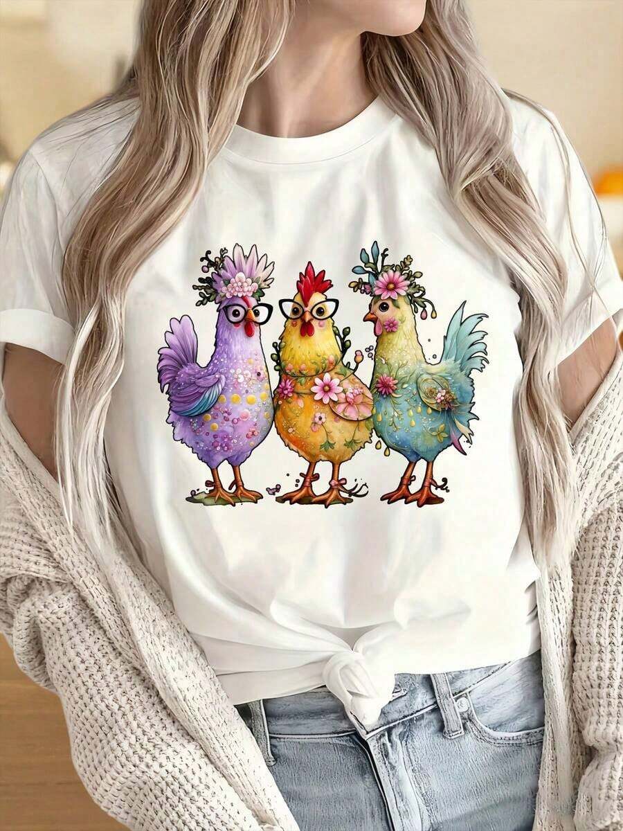 Women's And Men's T-Shirts With Round Neck And Short Sleeves, Colorful Chickens With Flowers T-Shirt, Women's Casual Short Sleeve Top, Spring Summer Fashion Graphic T-Shirt For Fun, Feminine Prints Are Suitable For Christmas, Group Sports, Holiday Activities, Festivals And Sporting Events And Other Holiday Gifts. Cool Summer Clothes For Women - 白色 - 查看 1