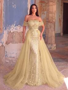 Faeriesty Váy dạ hội đuôi cá dài trễ vai đính kim sa vàng phong cách lãng mạn thanh lịch, tay dài thường, chi tiết đính hạt cho tiệc - Rượu sâm banh - Xem 3