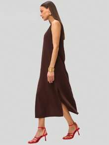 Sleeveless Dress With Round Neck And Zipper, Elegant Summer Style 2026 For Women - Brown - View 5