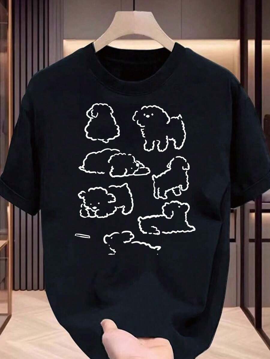 Short-Sleeve Breathable Cotton T-Shirt With A Fun Print Of My Adorable Little Puppy - Crew Neck, Short Sleeves, Comfortable Fit, Suitable For Casual Wear, Going To Work And Outdoor Activities. 100% Cotton - 黑色 - 查看 1