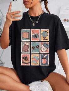 Women's Casual Black T-Shirt With A Travel-Themed Print. Short Sleeves, Ideal For Summer Urban Style And Very Easy To Combine For Everyday Wear. - 黑色 - 查看 1