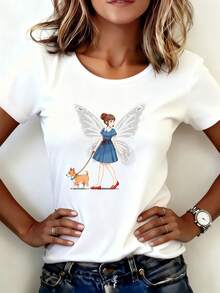 Camiseta Estampada para Mujer con Gráfico de Perro Hada de Cuento de Hadas - Camiseta Casual de Manga Corta y Cuello Redondo en Blanco, Corte Relajado para Todas las Estaciones, Perfecta para el Uso Diario o Atuendos de Vacaciones (Lavable aáquina). - Blanco - Ver 7