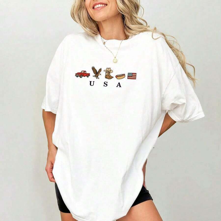 US Icons T-Shirt, American Flag T-Shirt, 4th Of July Graphic T-Shirt, Country Clothing, Western Outfits, Independence Day T-Shirt - 白色 - 查看 1