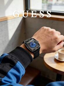 Guess Reloj de hombre con esfera azul con león en relieve, correa de silicona negra, caja de carcasa hueca de cuarzo, reloj deportivo de moda urbana y estilo hip-hop, adecuado para hombres, regalo de cumpleaños, aniversario perfecto para padre, amigo, esposo - Negro - Ver 4