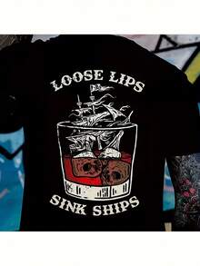 Loose-Fitting Retro Pirate-Style T-Shirt With Skull And Shipwreck Motifs – Too Many Details Can Lead To Mistakes! This Fun Nautical-Themed T-Shirt Features Skulls And Shipwrecks. It's Unisex And Suitable For Home, Office, Parties, Gatherings, And Travel. - 黑色 - 查看 1