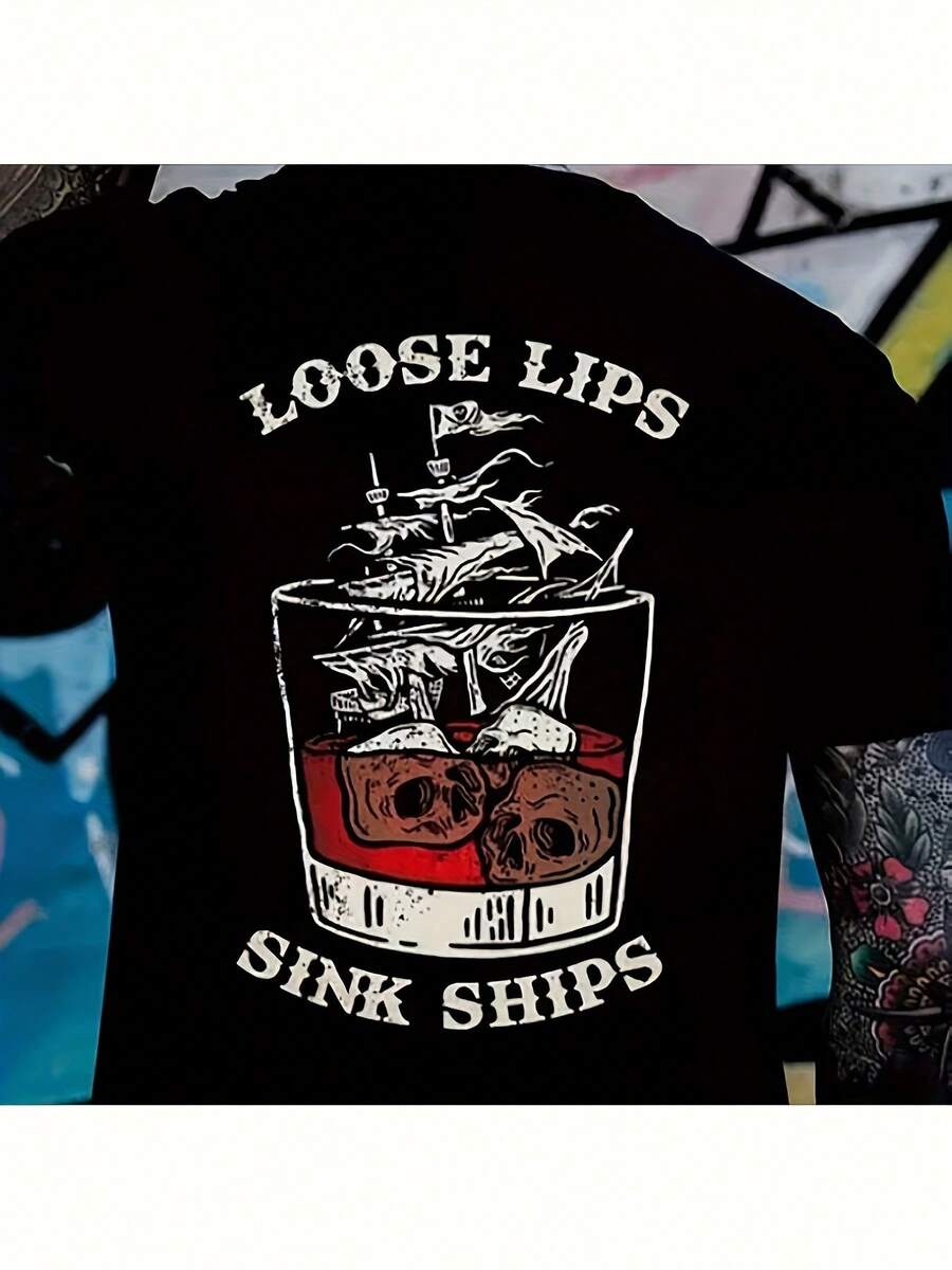 Loose-Fitting Retro Pirate-Style T-Shirt With Skull And Shipwreck Motifs – Too Many Details Can Lead To Mistakes! This Fun Nautical-Themed T-Shirt Features Skulls And Shipwrecks. It's Unisex And Suitable For Home, Office, Parties, Gatherings, And Travel. - 黑色 - 查看 1