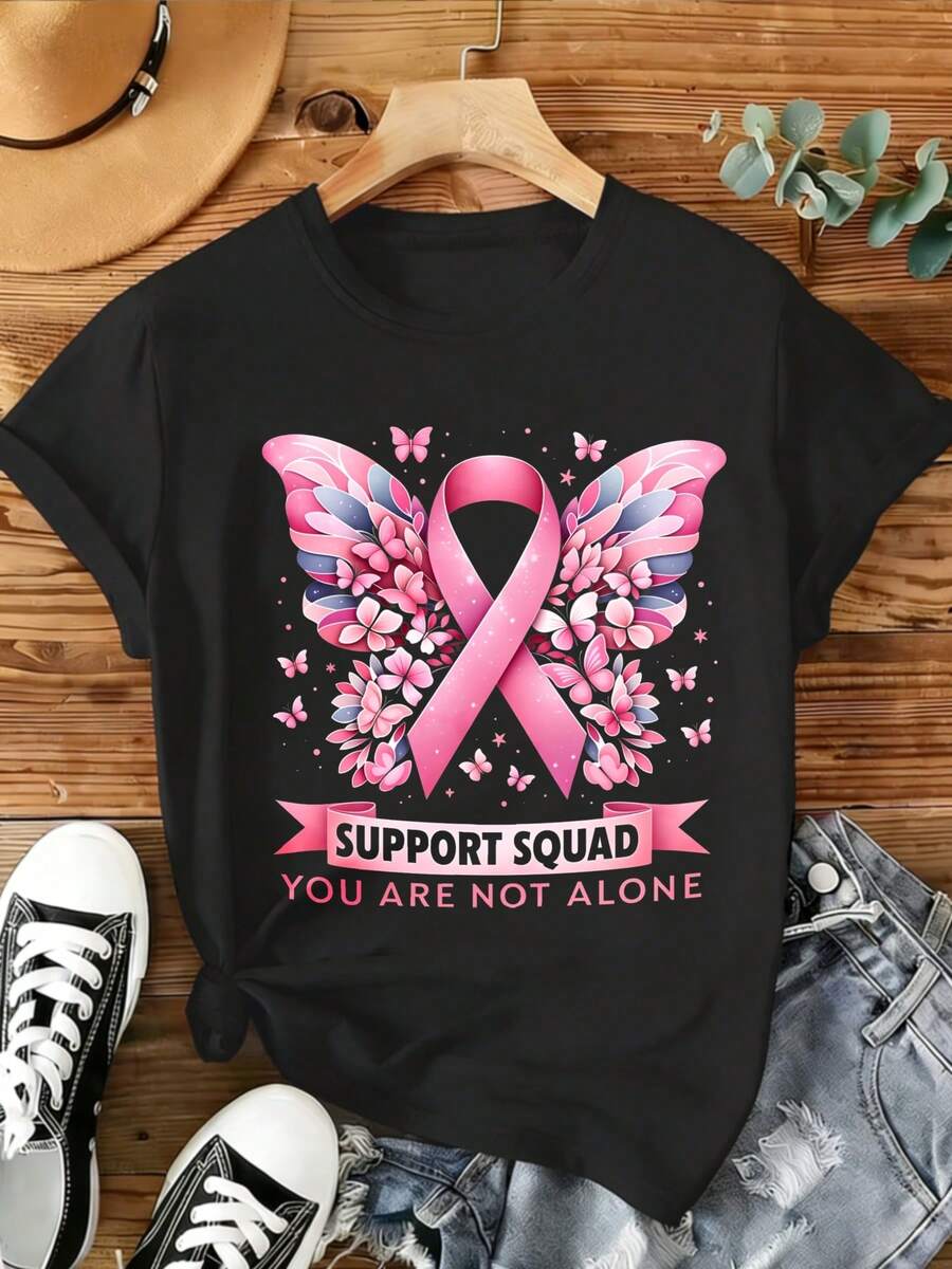 Women's Printed T-Shirt With Pink Butterfly Design For Breast Cancer Awareness - Casual Short Sleeve Crew Neck T-Shirt, Relaxed Fit For All Seasons, Perfect For Everyday Wear Or Holiday Outfits (Machine Washable). - 黑色 - 查看 1