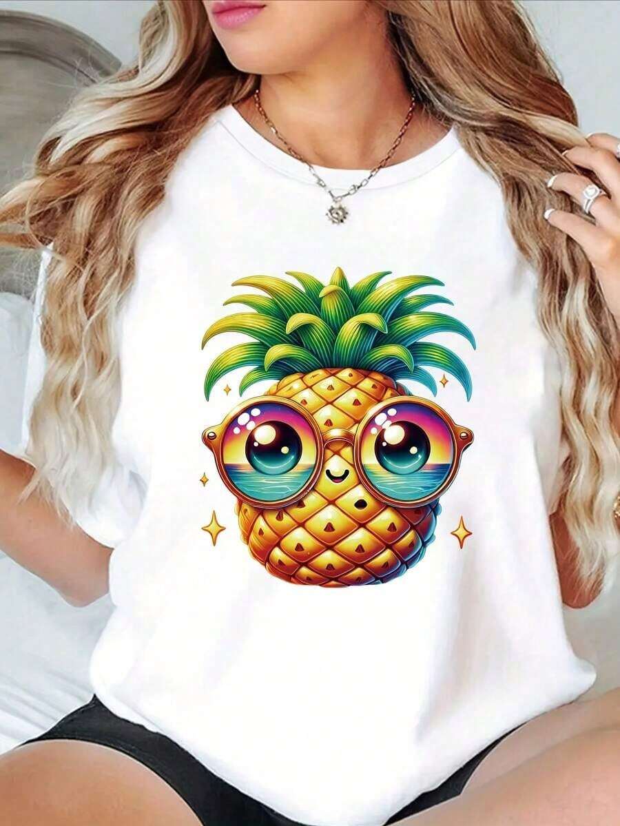 1 Women's T-Shirt 100% Breathable Cotton Women's Cami With Tropical Pineapple Print - Black, Casual, Short Sleeve, Round Neck, Geometric Pattern, Breathable And Slightly Stretchy Knit Fabric, Machine Washable For Summer And All Seasons. Suitable As A Gift. Women's T-Shirt. Blouses > Elegant. Boho Chic. Soft, Breathable, And Comfortable Women's Top, Ideal For Spring, Summer, And Autumn, Perfect For Vacations, Travel, And Everyday Wear. - 白色的 - 查看 1
