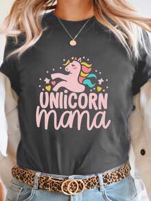 Camiseta casual de manga corta y cuello redondo con tipografía de Mamá Unicornio, perfecta para primavera y verano, diseñpara mujeres - Negro - Ver 7