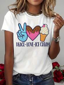 Camiseta de Verano Premium para Mujer con Estampado de Paz, Amor y Helado, Camiseta Divertida de Manga Corta con Estilo Casual de Verano y Cuello Redondo para Mujer - Blanco - Ver 1