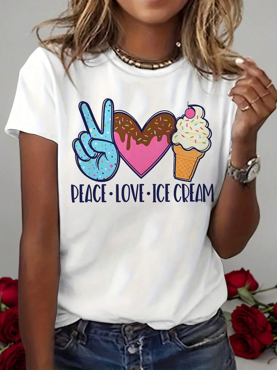 Camiseta de Verano Premium para Mujer con Estampado de Paz, Amor y Helado, Camiseta Divertida de Manga Corta con Estilo Casual de Verano y Cuello Redondo para Mujer - Blanco - Ver 1