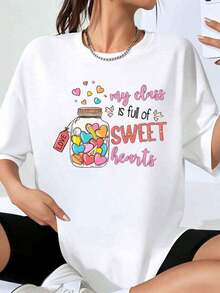 My Classroom Is Full Of Sweet Hearts, Love Jar Print T-Shirt For Teachers, Women's Casual Summer Top, Valentine's Day Gift For Teachers - 白色 - 查看 7