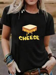 Camiseta negra informal de manga corta con cuello redondo para hombre,Camisetas Para Mujer Camiseta Y2K con diseño de queso derretido para amantes de la comida divertida, cómoda y moderna, ideal para cualquier ocasión. Perfecta para expresar tu estilo único y divertido, disponible en una pieza. ¡No te quedes sin la tuya! - Negro - Ver 6