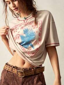 Y2K Style, Fashionable Style, 2026 Newest, Cute Style, Casual Style. Women's Casual Crew Neck Loose Fit Short Sleeve Solid Color Knit T-Shirt 180g (S-XXXL) - 杏 - 查看 8