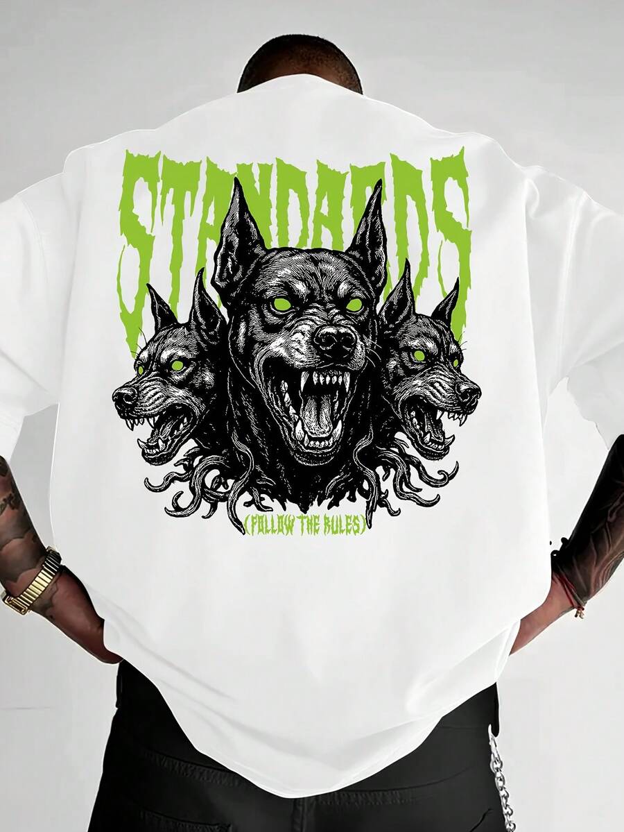 Men's Casual Short-Sleeved T-Shirt With Urban Style Print, Youthful Urban Style T-Shirt, Modern Color Combination, Loose Fit And Round Neck. - 白色 - 查看 1