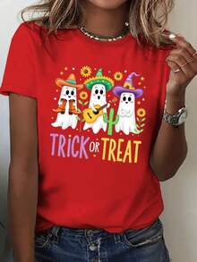 Women's T-Shirt With Fun Print Of Ghosts With Hats And Sunflowers, Halloween Trick Or Treat Design, Ideal For Celebrations And Everyday Wear - 紅色的 - 查看 1