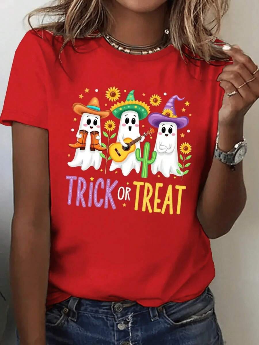 Women's T-Shirt With Fun Print Of Ghosts With Hats And Sunflowers, Halloween Trick Or Treat Design, Ideal For Celebrations And Everyday Wear - 紅色的 - 查看 1
