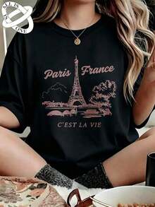 ALL IS ONE 100% Pure Cotton Women's T-Shirt With Pink Eiffel Tower Print "Paris France", Premium Quality, Breathable And Soft To The Touch - 黑色 - 查看 7