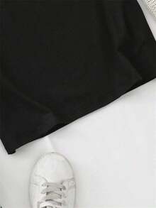 1 pieza de camiseta deportiva de manga corta para mujer a la moda |     Diseño estampado, lavable a máquina, cuello redondo cómodo, elasticidad media, adecuado para todas las estaciones, opciones multicolor, ideal para reuniones familiares, regalos para festivales y uso diario. 180g 100% algodón. - Negro - Ver 3