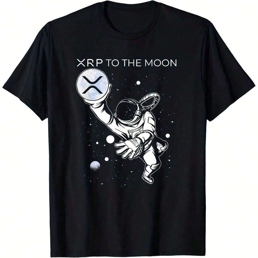 Crypto Meme - XRP Cryptocurrency - Astronaut On The Moon - All-Season XRP T-Shirt, 220g Cotton, Single-Sided Print, Crew Neck, Short Sleeve - 黑色8 - 查看 1