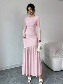 Vestido largo de manga larga con cuello redondo y malla para mujer, vestido casual de otoño.Adecuado para ropa de otoño, atuendo de regreso a clases, atuendo de maestro - Rosa - Ver 6