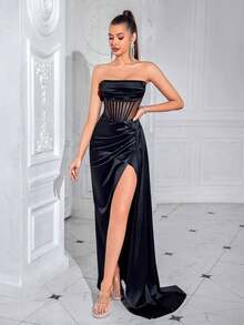 Vestido largo de fiesta con pliegues en espina de pescado y espalda descubierta con cinta, vestido de noche de boda de cintura ajustada, primavera negro - Negro - Ver 9