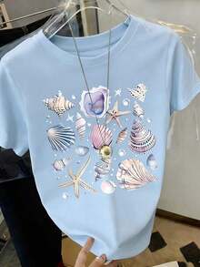 Camiseta de mujer de manga corta con cuello redondo, estampado floral y de uso versátil - Celeste - Ver 3