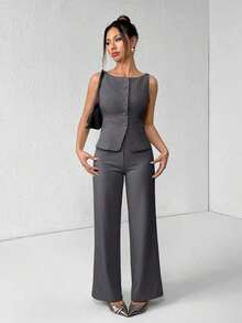 PETITE Conjunto de chaleco y pantalones de un solo pecho de unicolor con cuello redondo, elegante traje de oficina para mujer, ropa de mujer de verano y otoño, conjunto de oficina, ropa casual de negocios, conjunto de dos piezas, ropa de oficina de otoño para mujer, conjunto de blazers para mujer - Gris Oscuro - Ver 4