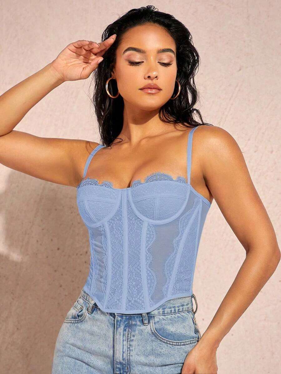 Top de tirantes bustier ribete con encaje - Celeste - Ver 1