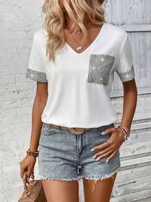 LUNE Camiseta de mujer casual de manga corta con cuello en V, parches y lentejuelas - Blanco - Ver 8