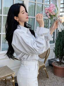 Camisa con volantes y hombros caídos a rayas verticales, blusas de manga larga, ropa de otoño - Blanco 2 - Ver 5