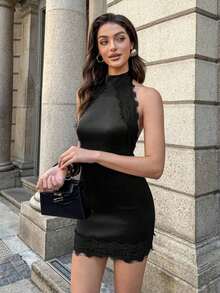 Vestido mini ajustado de encaje y parches, elegante, minimalista, delicado y romántico, sexy para San Valentín, citas, fiestas y uso diario, color marrón - Negro - Ver 5