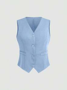 Chaleco minimalista de unicolor con cuello en V, sin mangas y con botones delanteros - Celeste - Ver 9