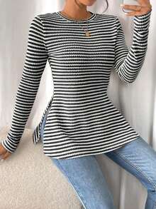 Frenchy Camiseta de manga larga a rayas de estilo informal para mujer con bajo con abertura, para primavera y otoño - Blanco y Negro - Ver 5