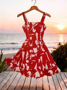 Vestido de talla grande con estampado, lazo en la cintura y decoración para mujeres de vacaciones - Rojo - Ver 9