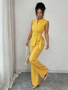 Conjunto elegante y romántico de blazer y corbata de moño para vacaciones y oficina para mujeres - Amarillo - Ver 1
