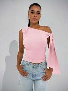 Blusa elegante de mujer con cuello asimétrico y hombro oblicuo con lazo, adecuada para uso diario, citas, salidas, discoteca, fiestas y reuniones - Rosa coral - Ver 5