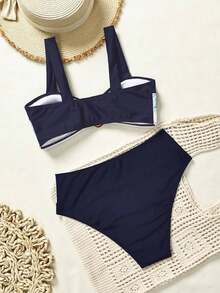 Conjunto de bikini con empalme y bloqueo de color, seductor y con Charm maduro - Azul marino - Ver 2