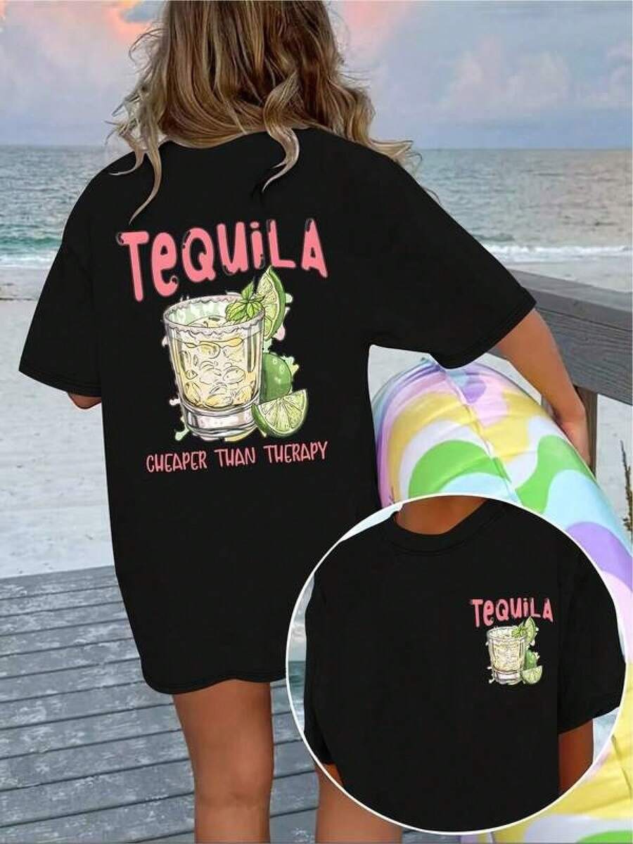 1 Piece Unisex Loose Fit T-Shirt 180g 100% Pure Cotton, Tequila T-Shirt Y2K. Fun And Vibrant Design With Tequila Shot And Lime. Stands Out As The Perfect Choice To Show Your Love For Mexico And Its Traditions In Style. Comfortable And Unique, Ideal For Any Occasion. It Carries A Clever And Fun Message That Highlights Your Personality And Passion For Mexican Culture. Ideal For Everyday Wear, Festivals, Concerts, And All Seasons. - 黑色 - 查看 1