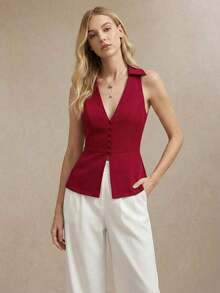 Blusa sin mangas de cuello blanco para mujer, de estilo urbano moderno y elegante, versátil para uso diario, con un toque retro de los 90.Adecuada para Navidad, Año Nuevo, San Valentín, fiestas, playa, graduación, moda, festivales, vacaciones, in - Rojo - Ver 9
