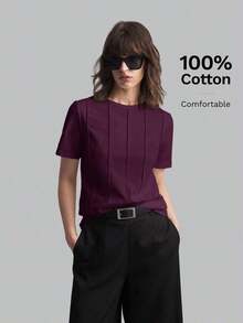 2026 Primavera/Verano Camiseta casual de mujer de manga corta con diseño de rayas de unicolor y cuello redondo, adecuada para el estilo casual urbano, la moda minimalista, el transporte urbano, la sencillez elegante, el Día del Maestro, la tela de p - Morado - Ver 8