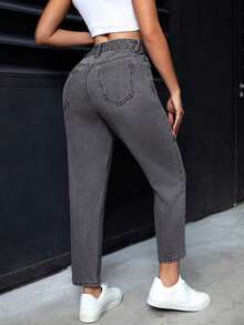 Pantalones vaqueros informales de mujer con bolsillos de forma cónica y multiusos - Gris Oscuro - Ver 5
