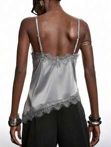 2026 Nueva blusa de satén brillante con encaje gris minimalista de primavera, camisola con adorno de encaje elegante adecuada para primavera/verano; camisa elegante adecuada para fiesta, primavera, Navidad, Año Nuevo; blusa de camisola de satén eleg - Gris - Ver 2