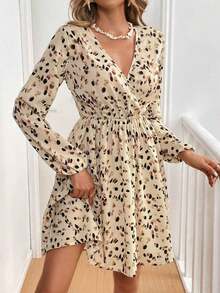 Vestido corto minimalista de estilo casual para mujer, para uso diario.Vestido corto de manga larga con cuello cruzado y estampado de leopardo para mujer, vestidos de vacaciones, vestidos para mujer, vestido casual de invierno, vestido de Año Nu - Albaricoque - Ver 6