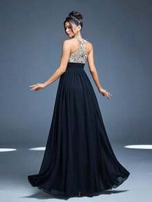 Vestido de noche de cuello redondo y halter nuevo de , vestido de gasa con abertura alta y parches de lentejuelas para fiesta - Negro - Ver 2