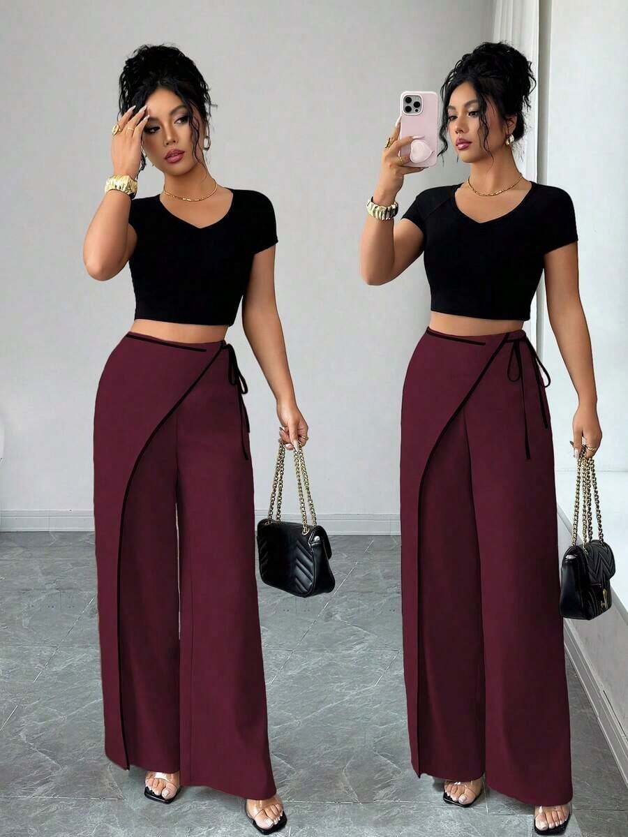 Elenzya Pantalones anchos de traje de color block elegante color albaricoque para mujeres - Burdeos - Ver 1