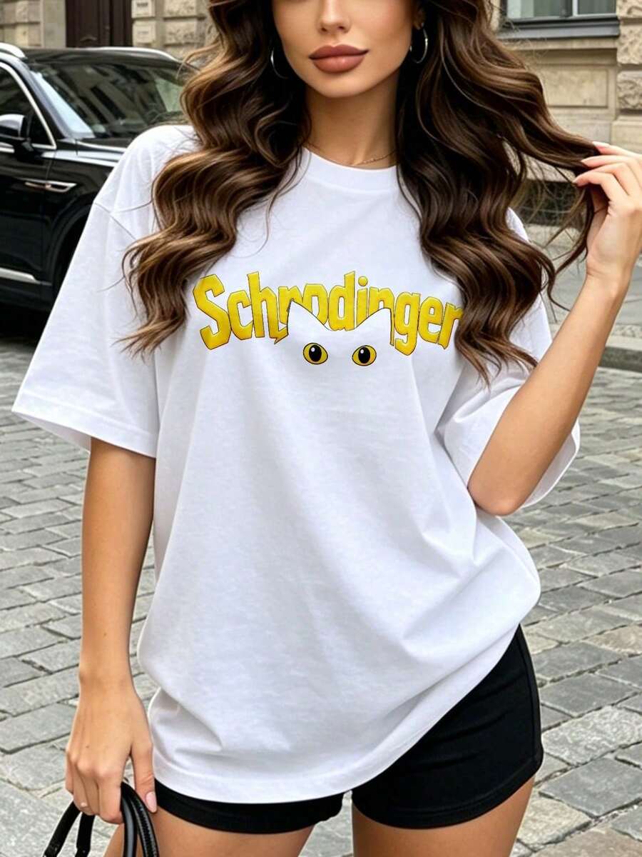 Camiseta de manga corta con cuello redondo, suave y casual para mujer, con estampado gráfico del gato de Schrödinger, adecuada para usar en primavera y verano. Negro. - Blanco - Ver 1