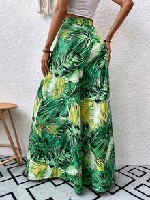 Pantalones de pierna ancha con estampado tropical - Verde 2 - Ver 2