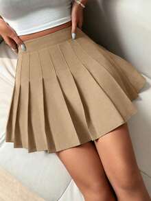 Falda pantalón casual de talle alto con pliegues y rayas para mujer - Caqui - Ver 7